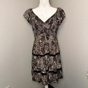 Angie Tiered Dress Women’s Large Brown Beige Floral V-Neck Smocked Boho Cottage